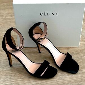 Celine Paris Black Suede Leather Sandal Ankle Strap Heels - EU 38.5